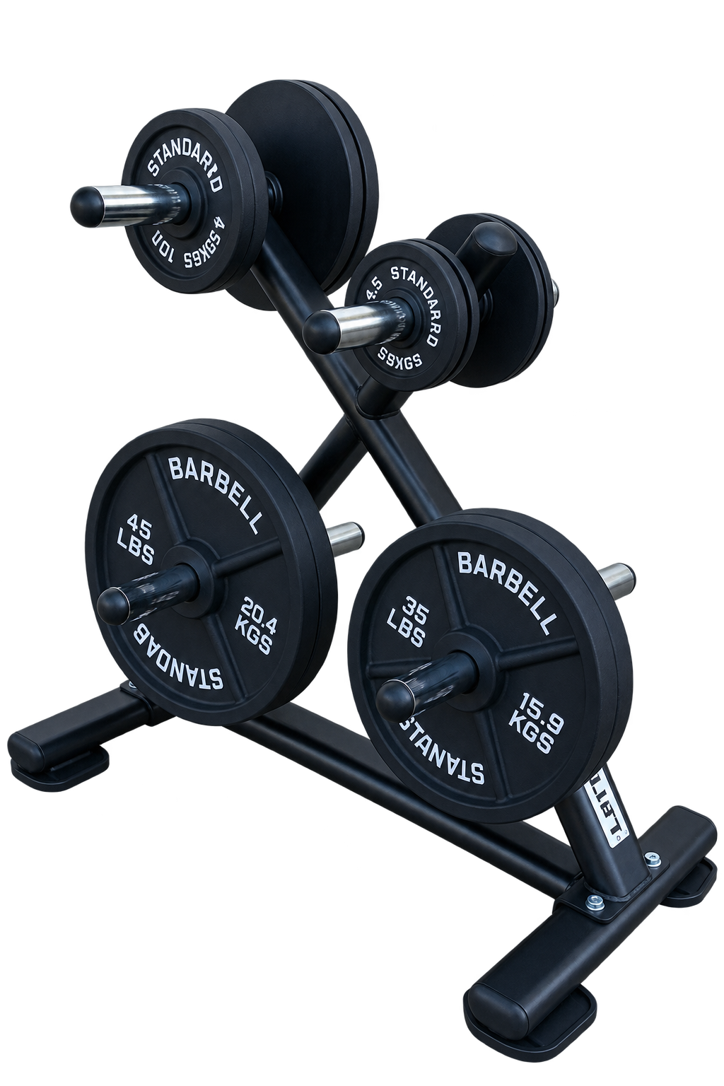 Set liatinových olympijských kotúčov 2,5–45 LB + LIFTED stojan + 2× uzáver